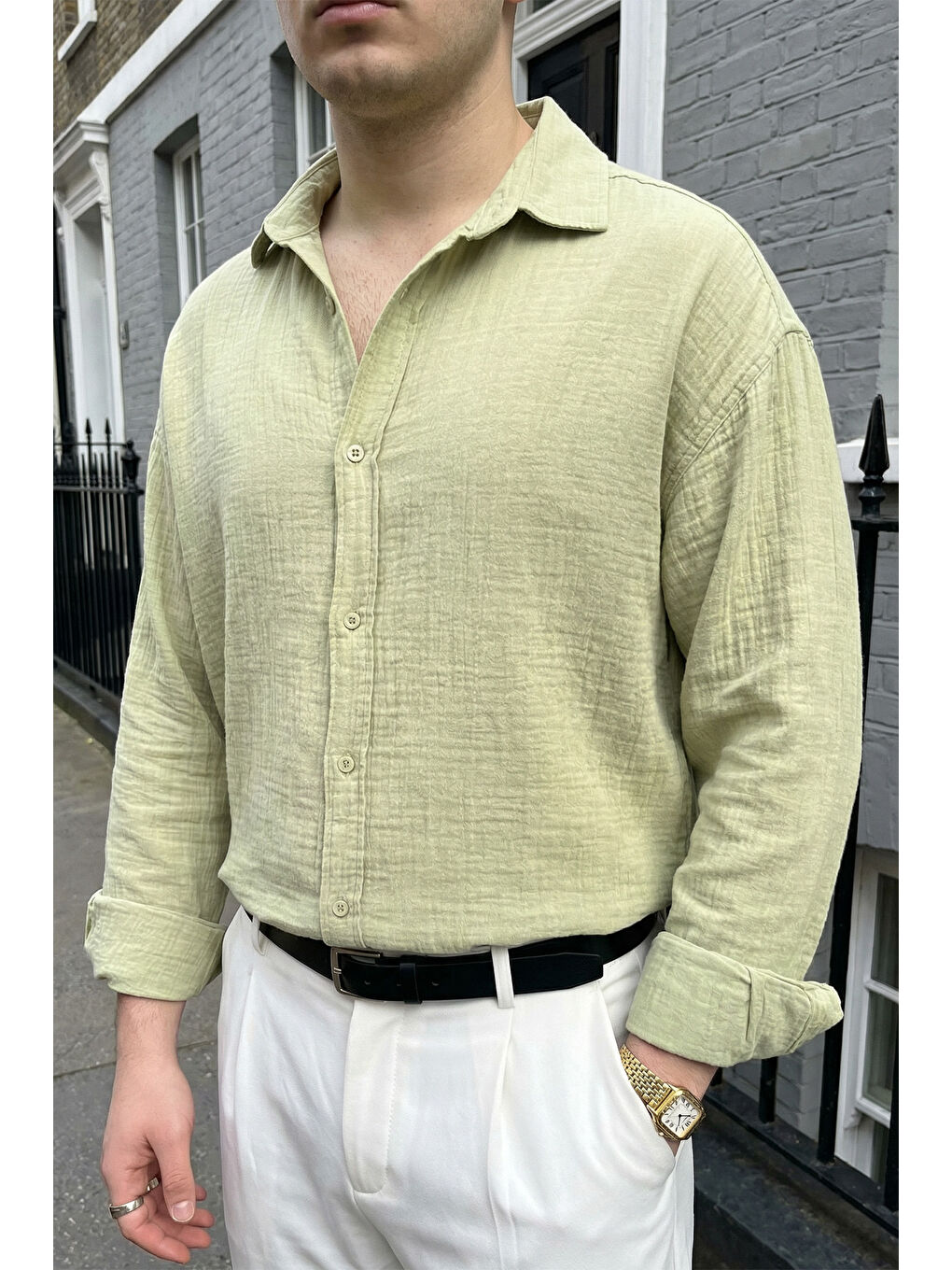 Yeşil Yurin Erkek Premium Müslin %100 Pamuk Oversize Uzun Kollu Gömlek-8
