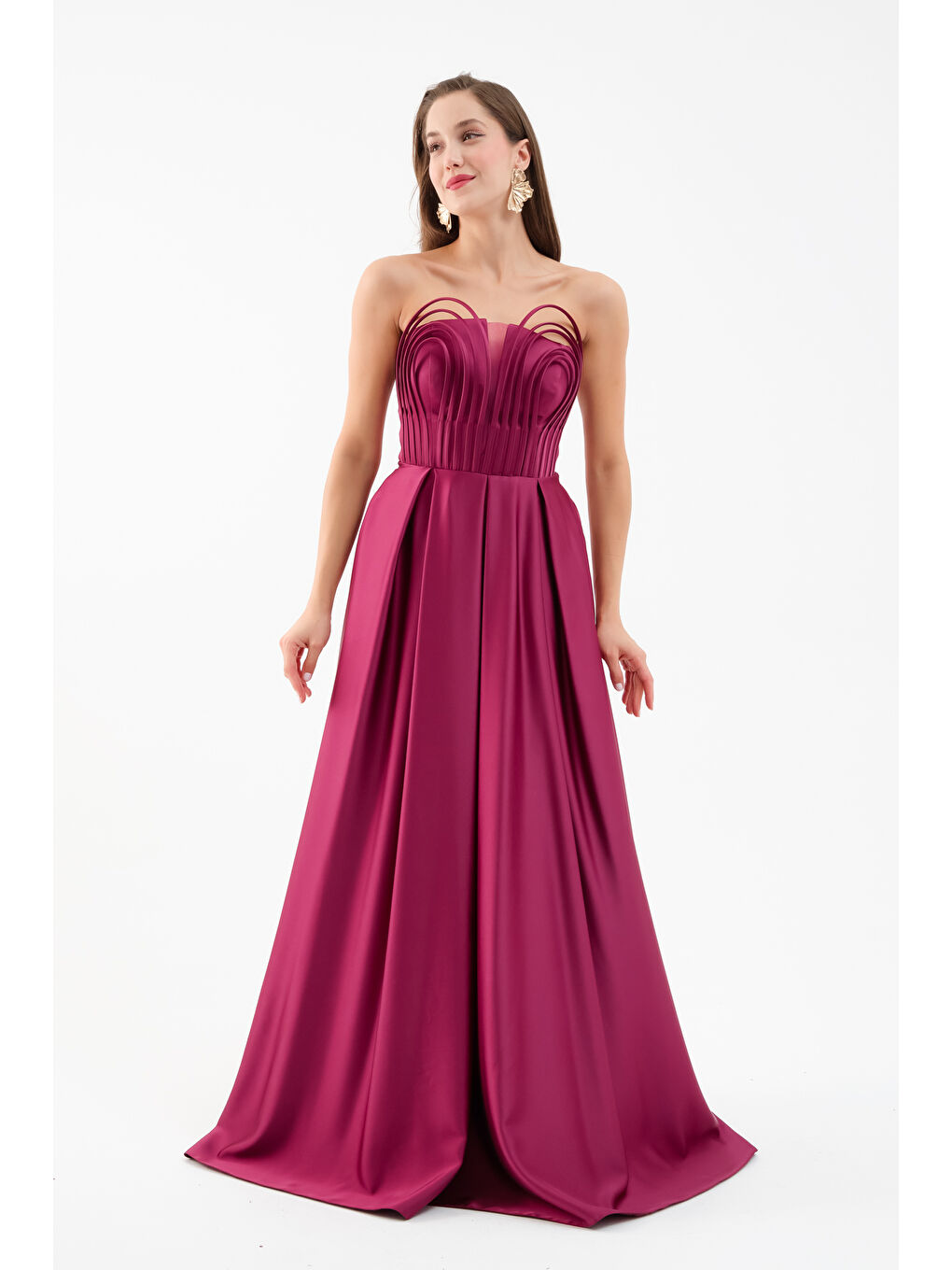 Kadın Mürdüm Göğüs Detay Uzun Saten Abiye Elbise-1