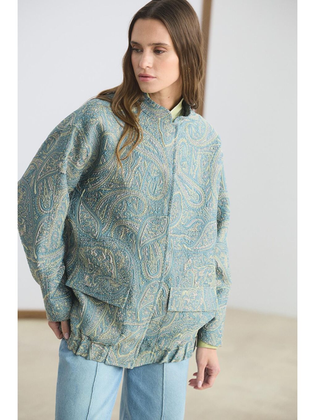 Desenli Jakar Bomber Ceket Uçuk Mavi-3