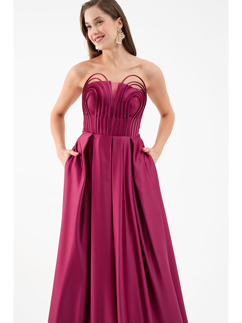 Kadın Mürdüm Göğüs Detay Uzun Saten Abiye Elbise-3