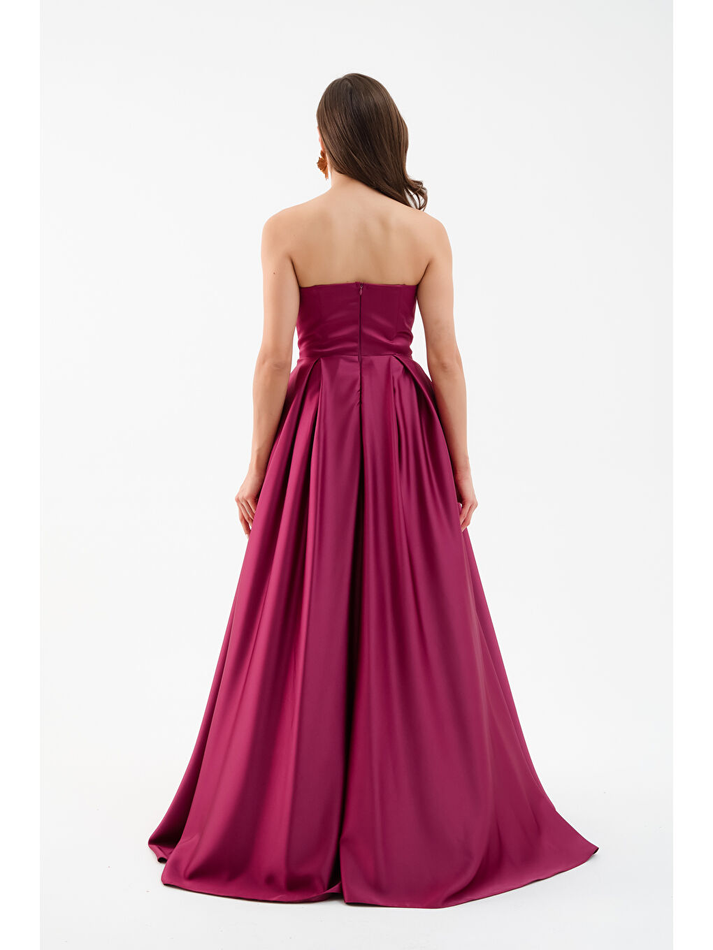 Kadın Mürdüm Göğüs Detay Uzun Saten Abiye Elbise-4