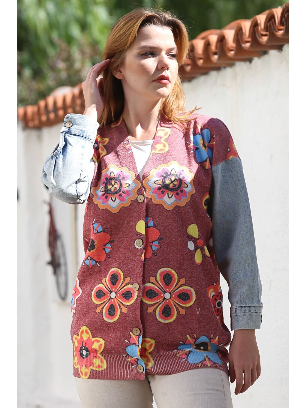 Bordo V Yaka Manşetli Kollu Düğmeli Jean Kol Detaylı Casual Dokuma Ceket 78 62-2