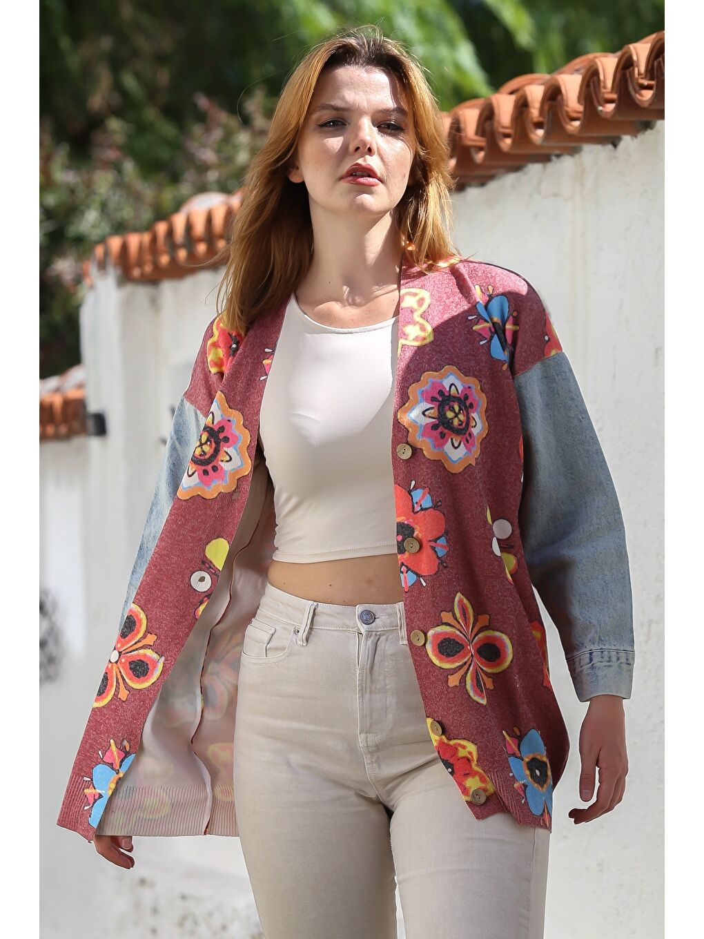 Bordo V Yaka Manşetli Kollu Düğmeli Jean Kol Detaylı Casual Dokuma Ceket 78 62-3