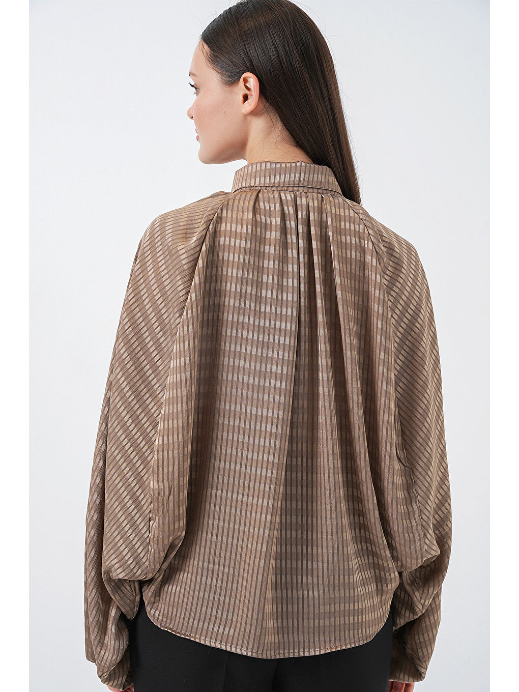 Bej Kadın Yarasa Kol Oversize Gömlek 20368 - Sütlü Kahve-5