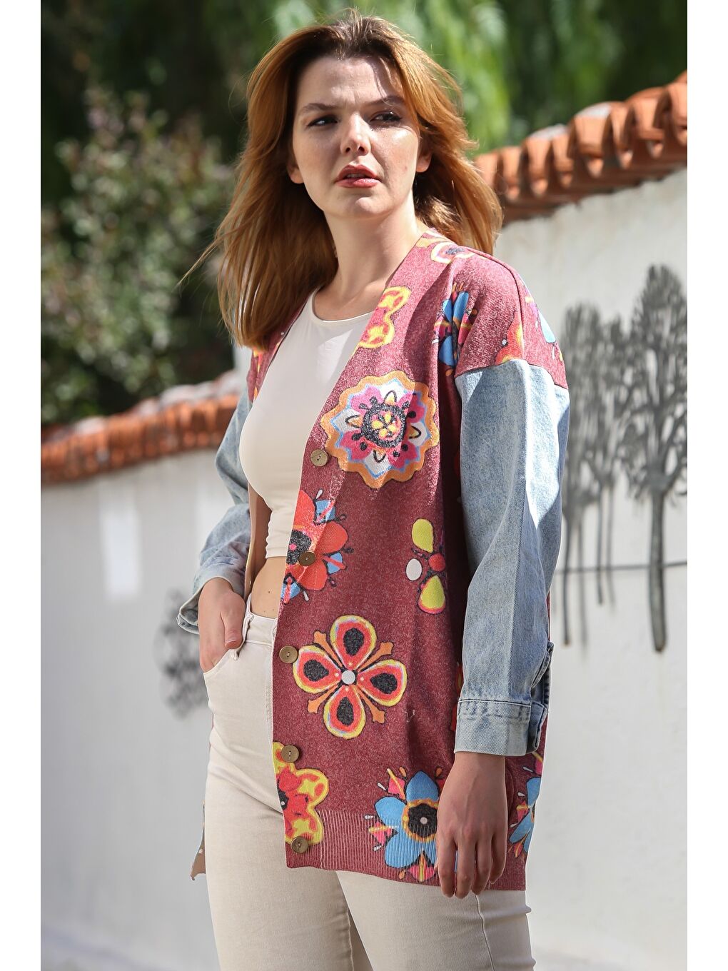 Bordo V Yaka Manşetli Kollu Düğmeli Jean Kol Detaylı Casual Dokuma Ceket 78 62-4