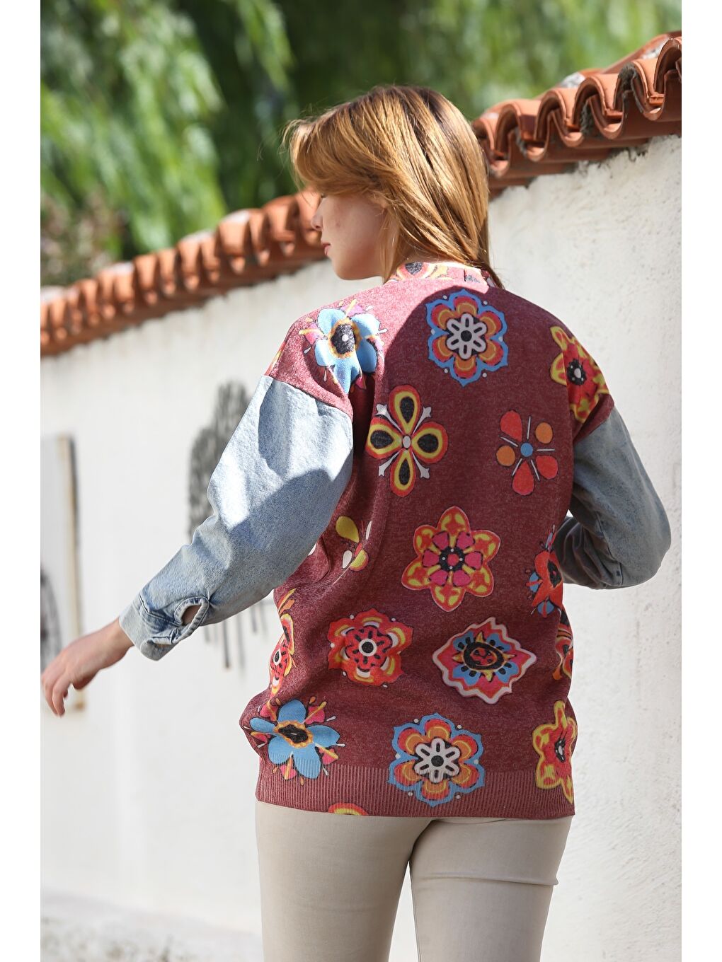 Bordo V Yaka Manşetli Kollu Düğmeli Jean Kol Detaylı Casual Dokuma Ceket 78 62-5