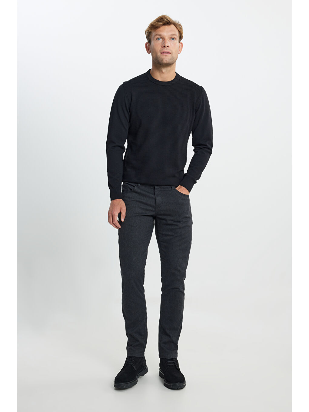 Erkek Siyah Pamuklu Slim Fit Dar Kesim 5 Cep Armürlü Esnek Casual Pantolon-2