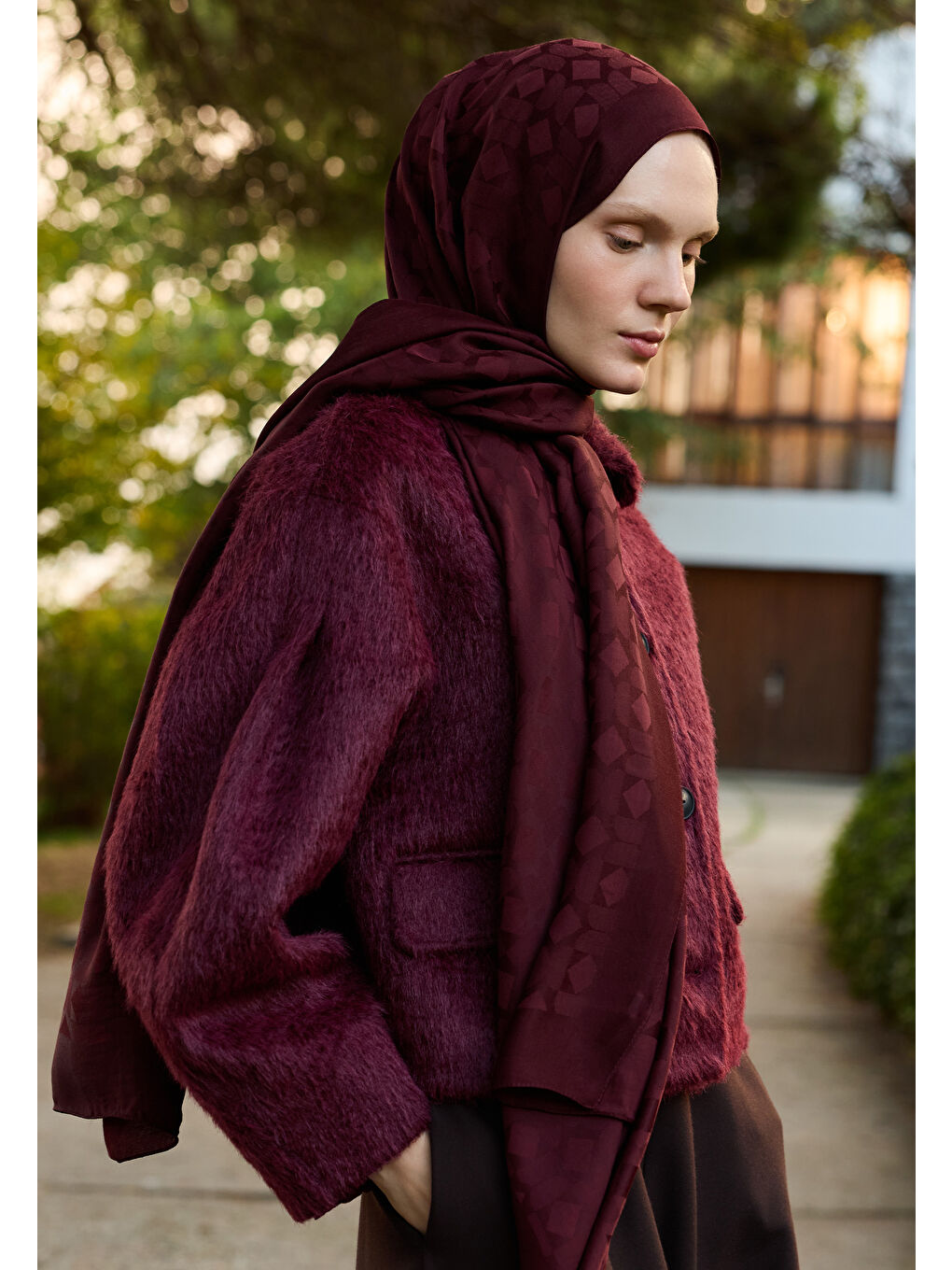 Bordo OSLO PAMUK FLOŞ JAKARLI ŞAL BORDO-4