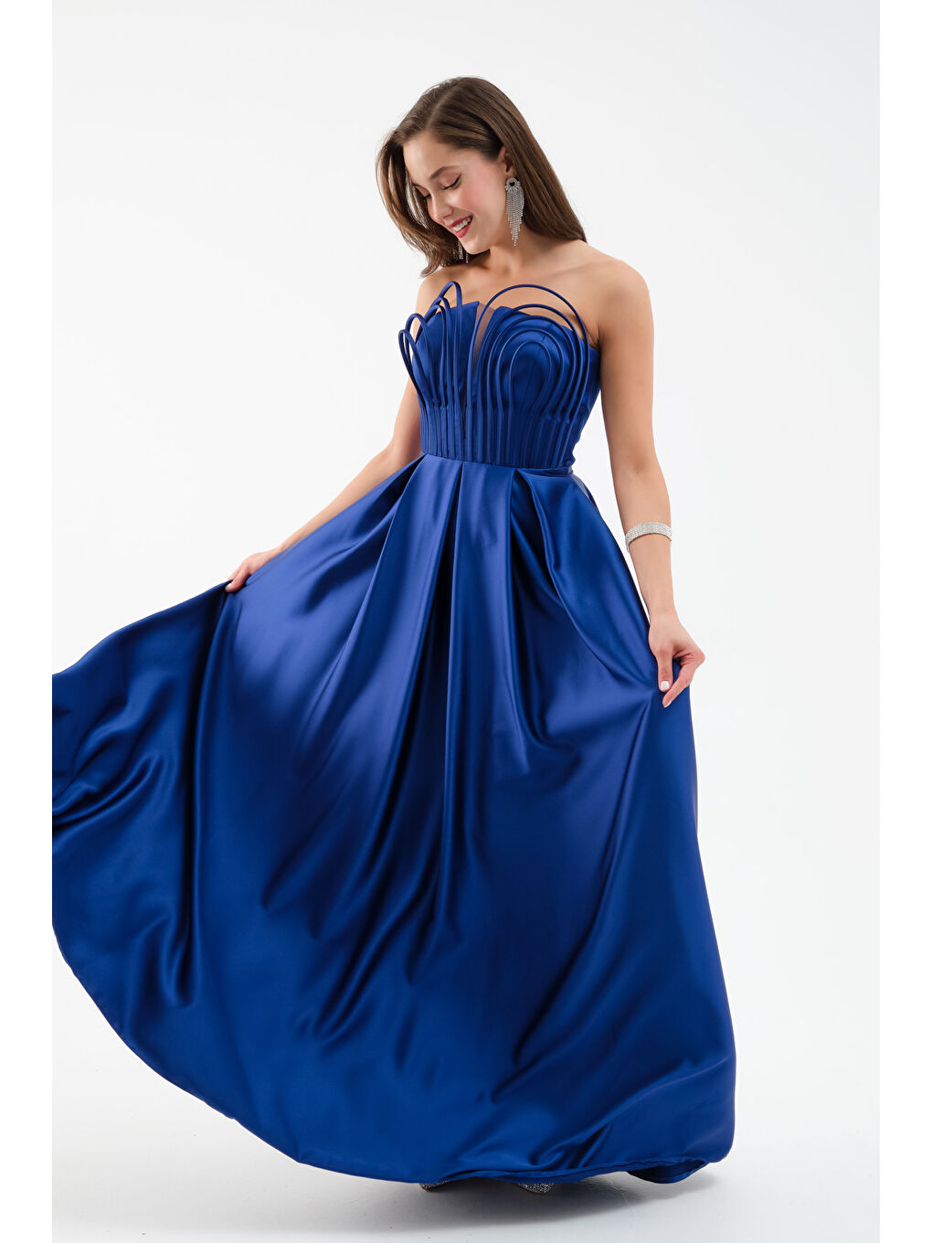 Mavi Kadın Saks Göğüs Detay Uzun Saten Abiye Elbise