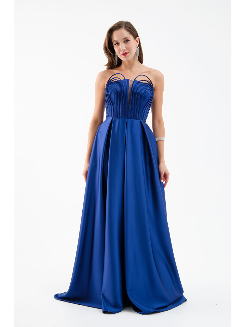 Mavi Kadın Saks Göğüs Detay Uzun Saten Abiye Elbise-2