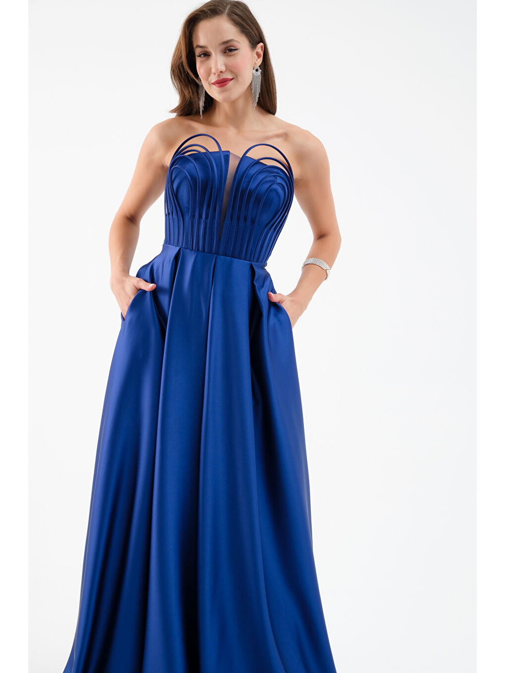 Mavi Kadın Saks Göğüs Detay Uzun Saten Abiye Elbise-3