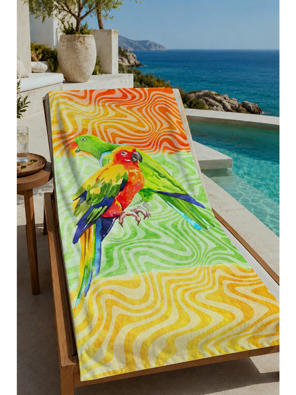 Sarı Dalgalı Tropikal Papağan Desenli 70x150 Cm Dijital Baskılı Plaj Ve Banyo Havlusu
