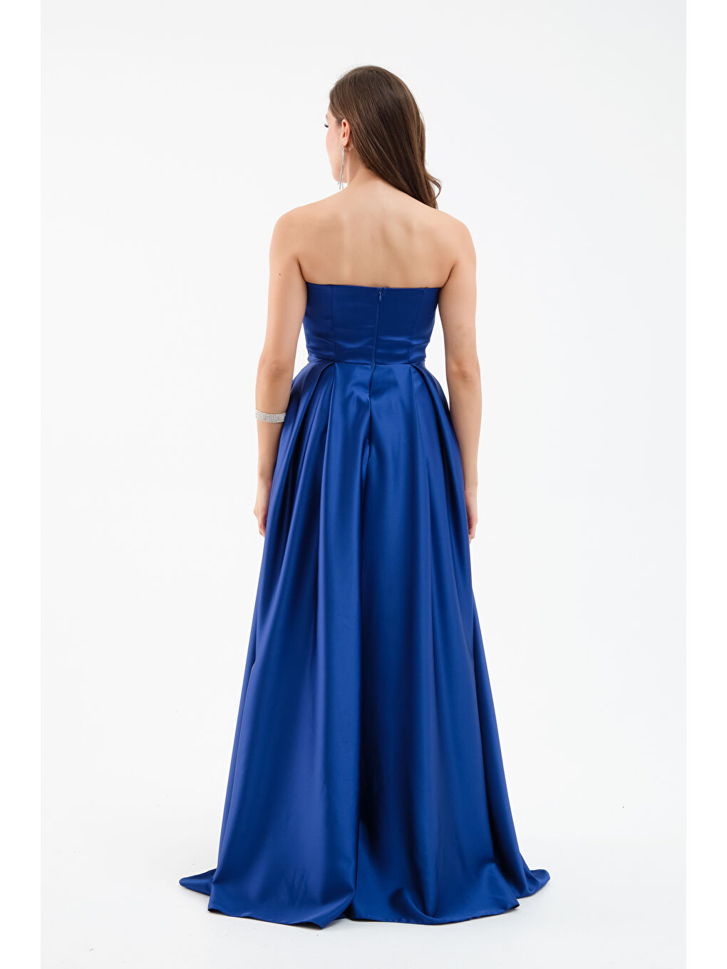 Mavi Kadın Saks Göğüs Detay Uzun Saten Abiye Elbise-4
