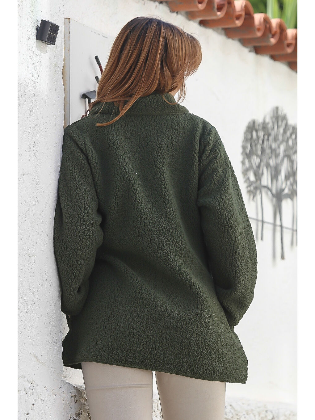 Haki Şal Yaka Uzun Kol Cepli Casual Pelüş Dokuma Ceket 80 65-1