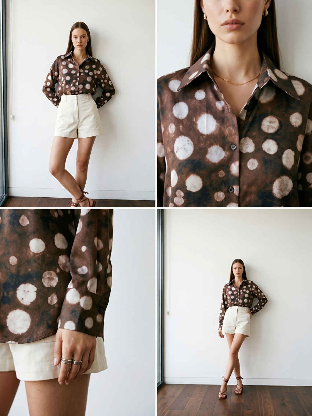 Kahverengi Oversize Kalıp Batik Desenli Puantiyeli Saten Gömlek-1