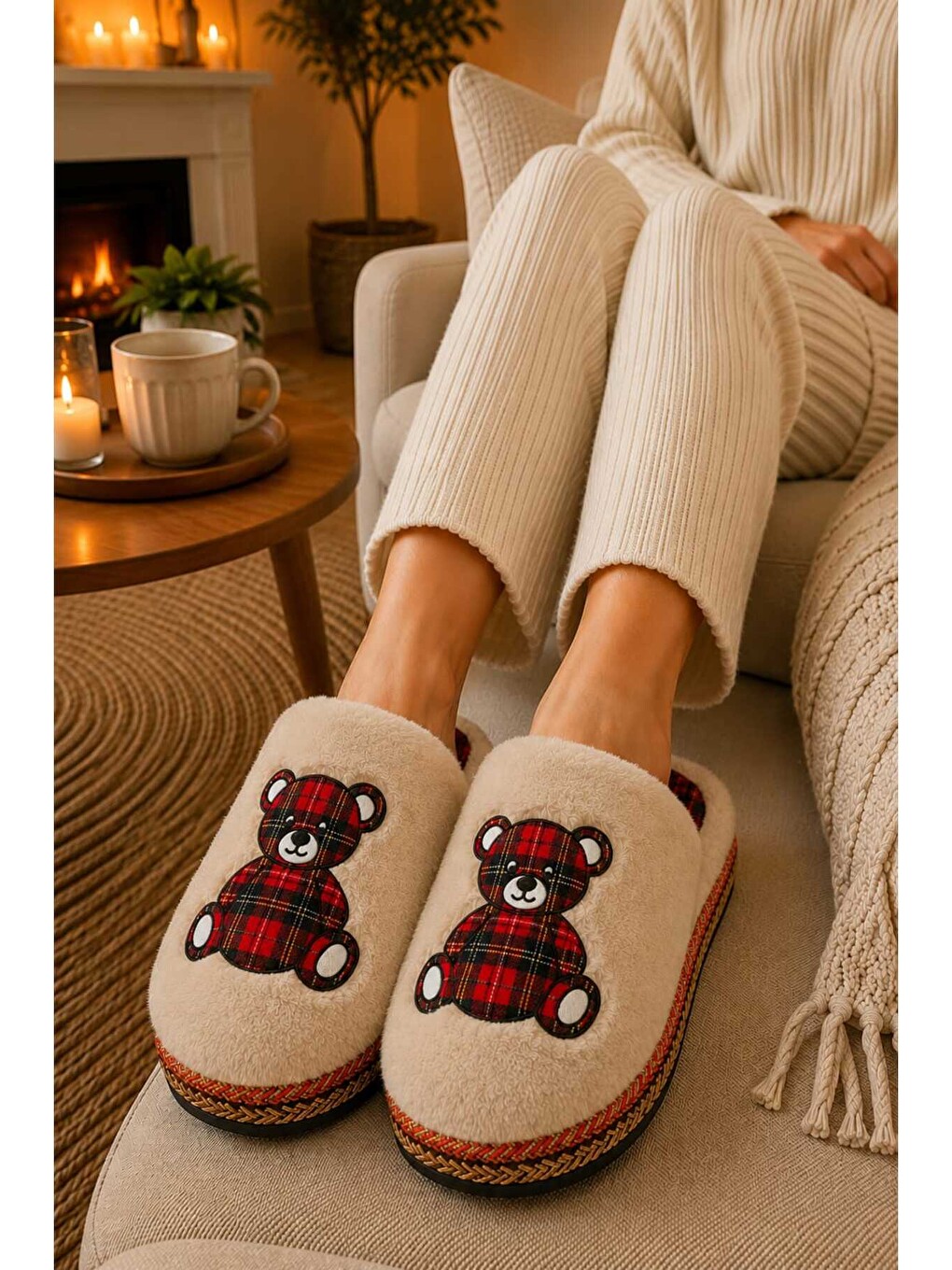 Bej Unisex, Ekose Desenli, Ayı Figürlü, Yumuşak, Pelüş Kışlık Ev Terliği-4