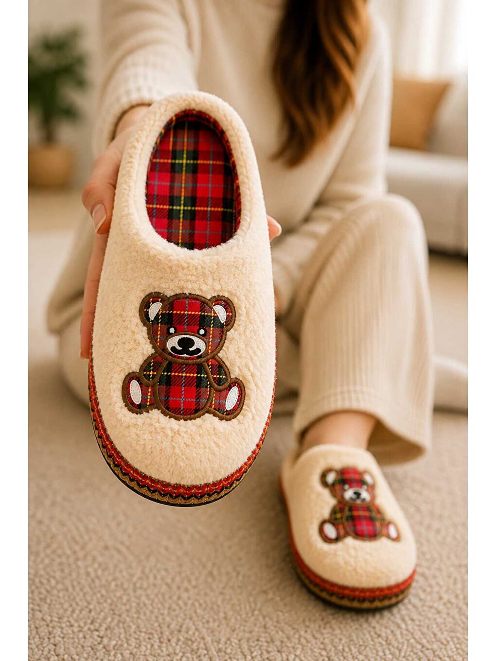 Bej Unisex, Ekose Desenli, Ayı Figürlü, Yumuşak, Pelüş Kışlık Ev Terliği-5