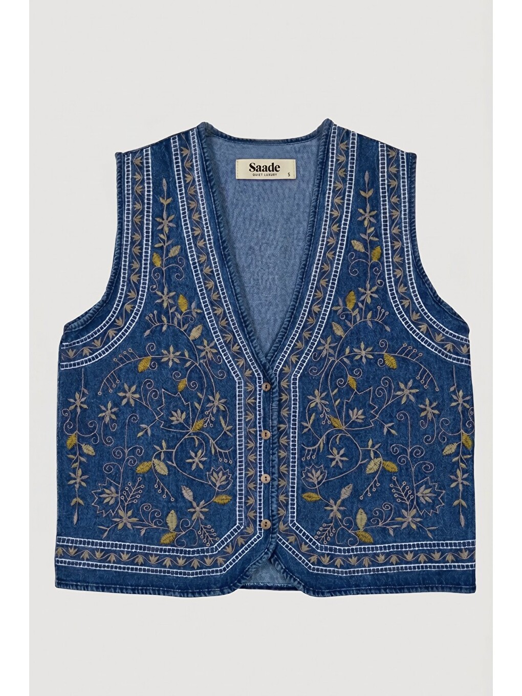 Mavi Kadın V Yaka Çiçek Nakışlı Düğmeli Denim Yelek-6