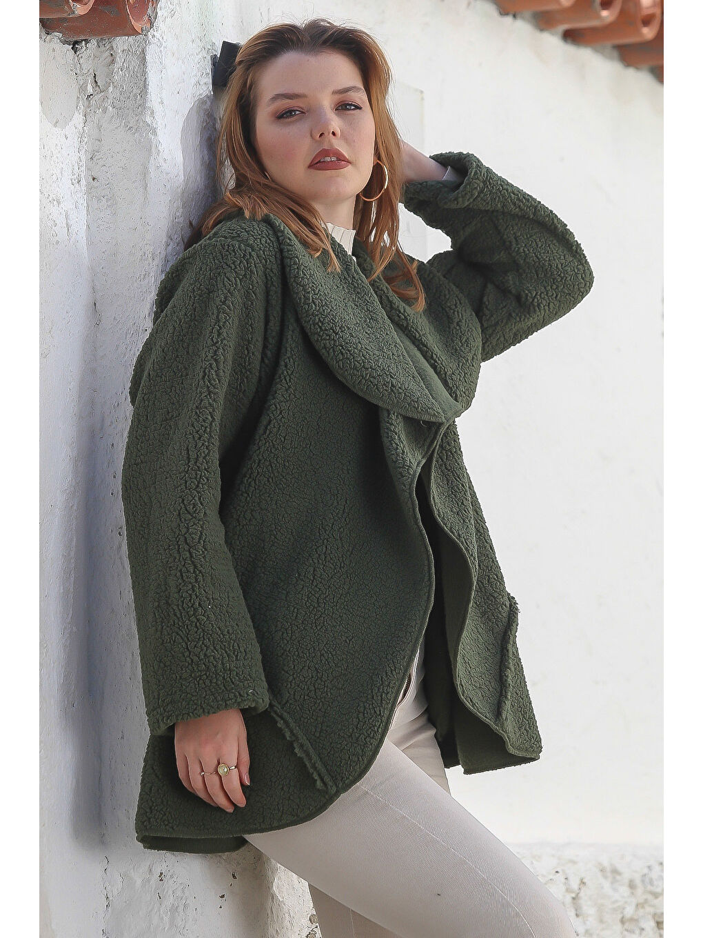 Haki Şal Yaka Uzun Kol Cepli Casual Pelüş Dokuma Ceket 80 65-2