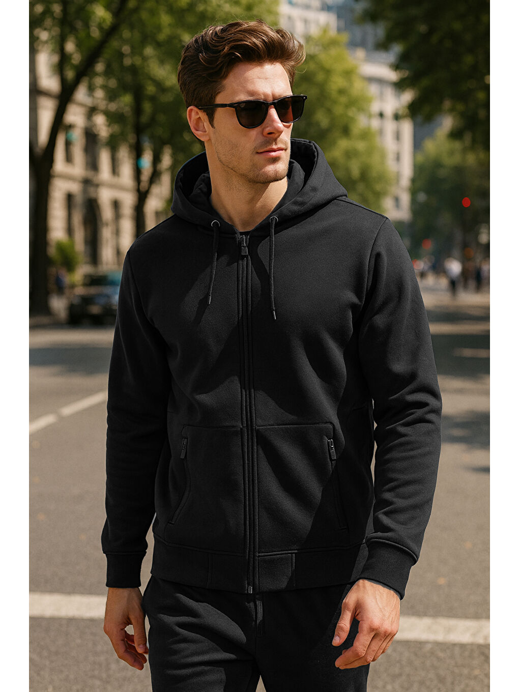 Erkek Kapüşonlu Tek Üst Fermuarlı Sweatshirt REU-25723 Siyah-3