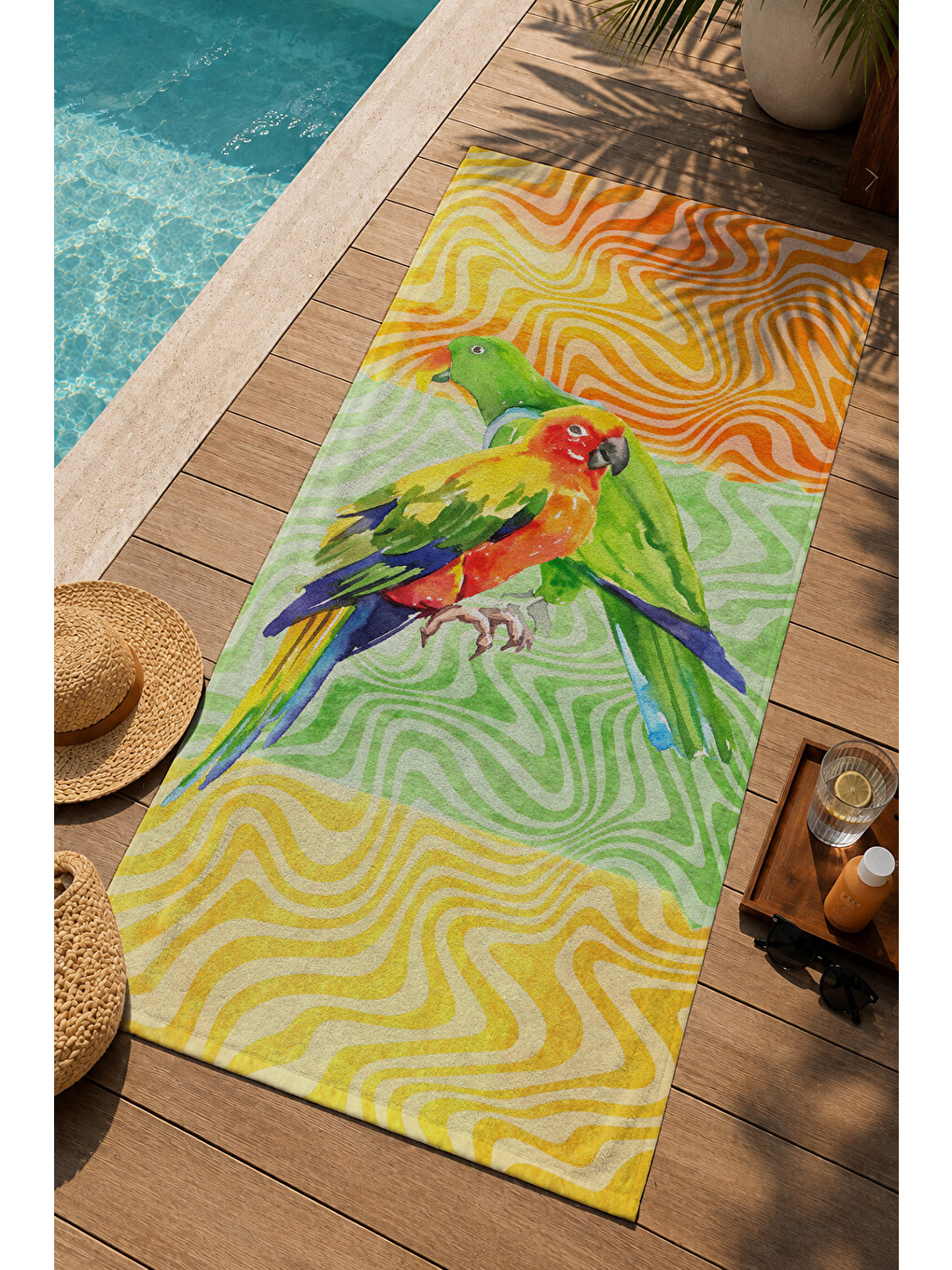 Sarı Dalgalı Tropikal Papağan Desenli 70x150 Cm Dijital Baskılı Plaj Ve Banyo Havlusu-2