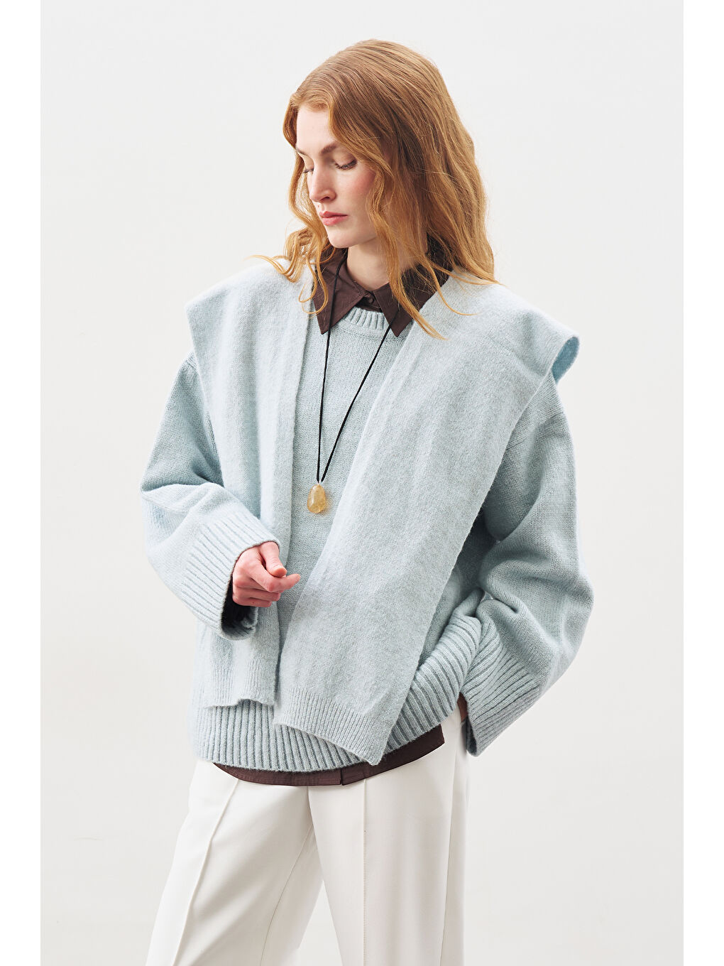 Kare Yaka Bağlamalı Triko Atkı Mavi-4