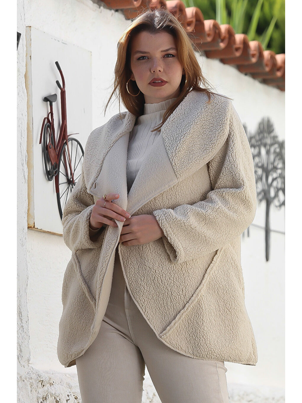 Ekru Krem Şal Yaka Uzun Kol Cepli Casual Pelüş Dokuma Ceket 80 65-3