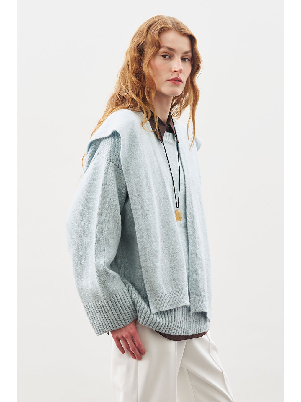 Kare Yaka Bağlamalı Triko Atkı Mavi-5