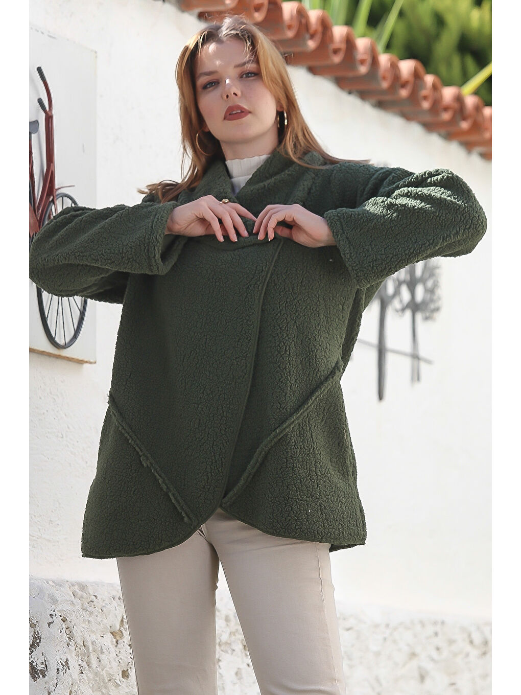 Haki Şal Yaka Uzun Kol Cepli Casual Pelüş Dokuma Ceket 80 65-3