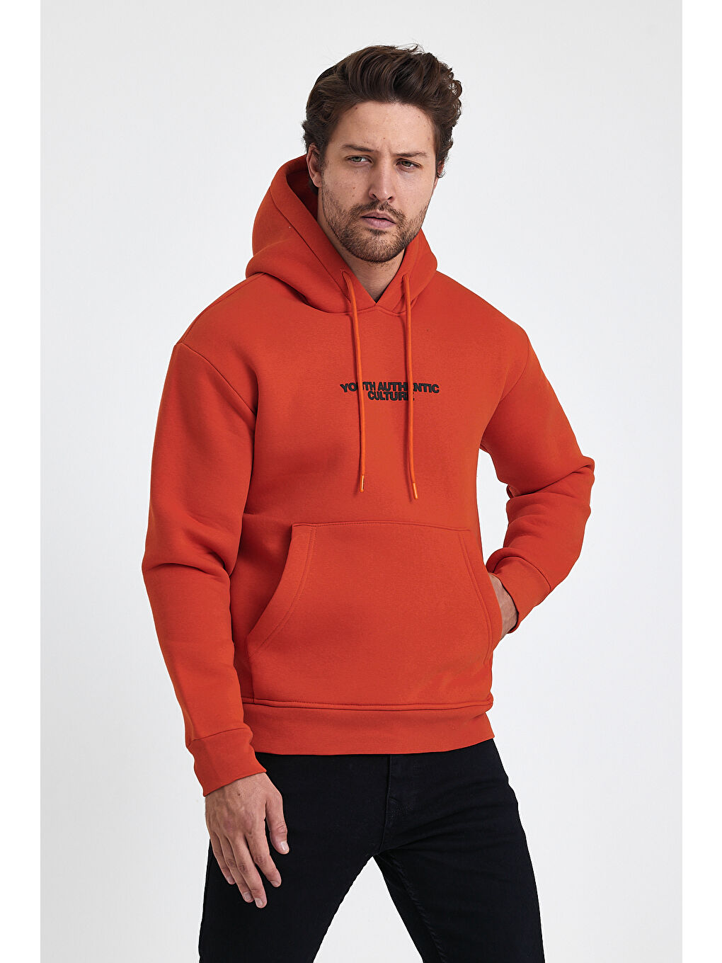 Tarz Cool Turuncu Erkek Ön Ve Arka Baskılı 3 İplik Şardonlu Kapüşonlu Sweatshirt - 1