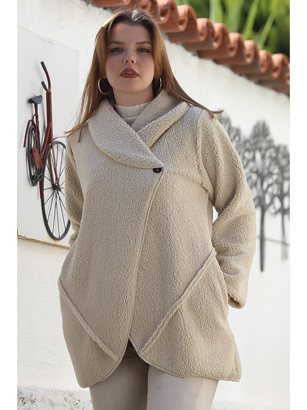 Ekru Krem Şal Yaka Uzun Kol Cepli Casual Pelüş Dokuma Ceket 80 65-4