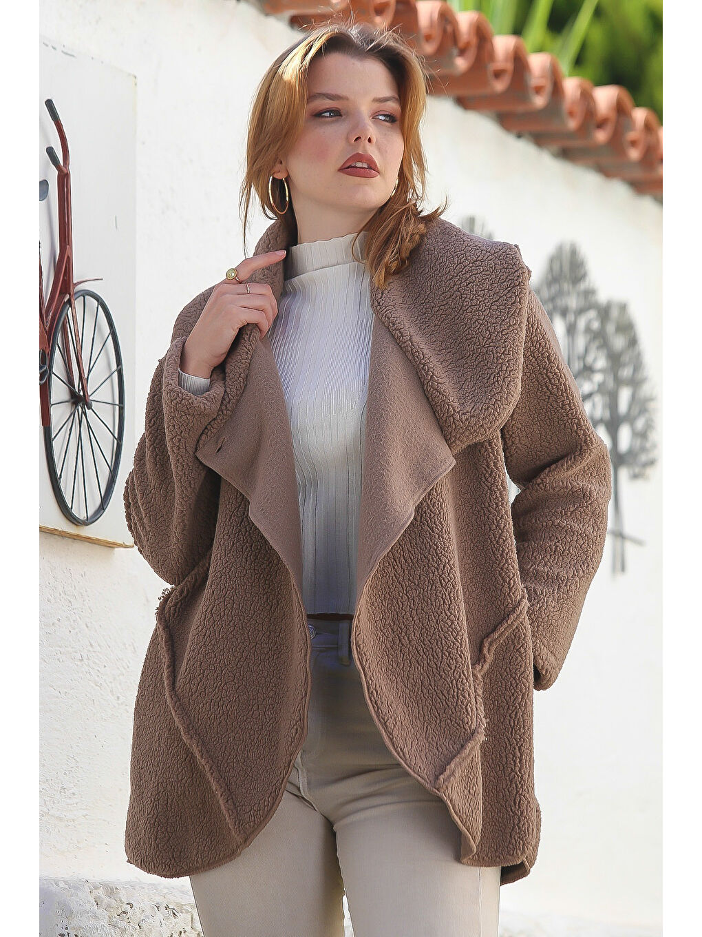 Kahverengi Açık Kahve Şal Yaka Uzun Kol Cepli Casual Pelüş Dokuma Ceket 80 65