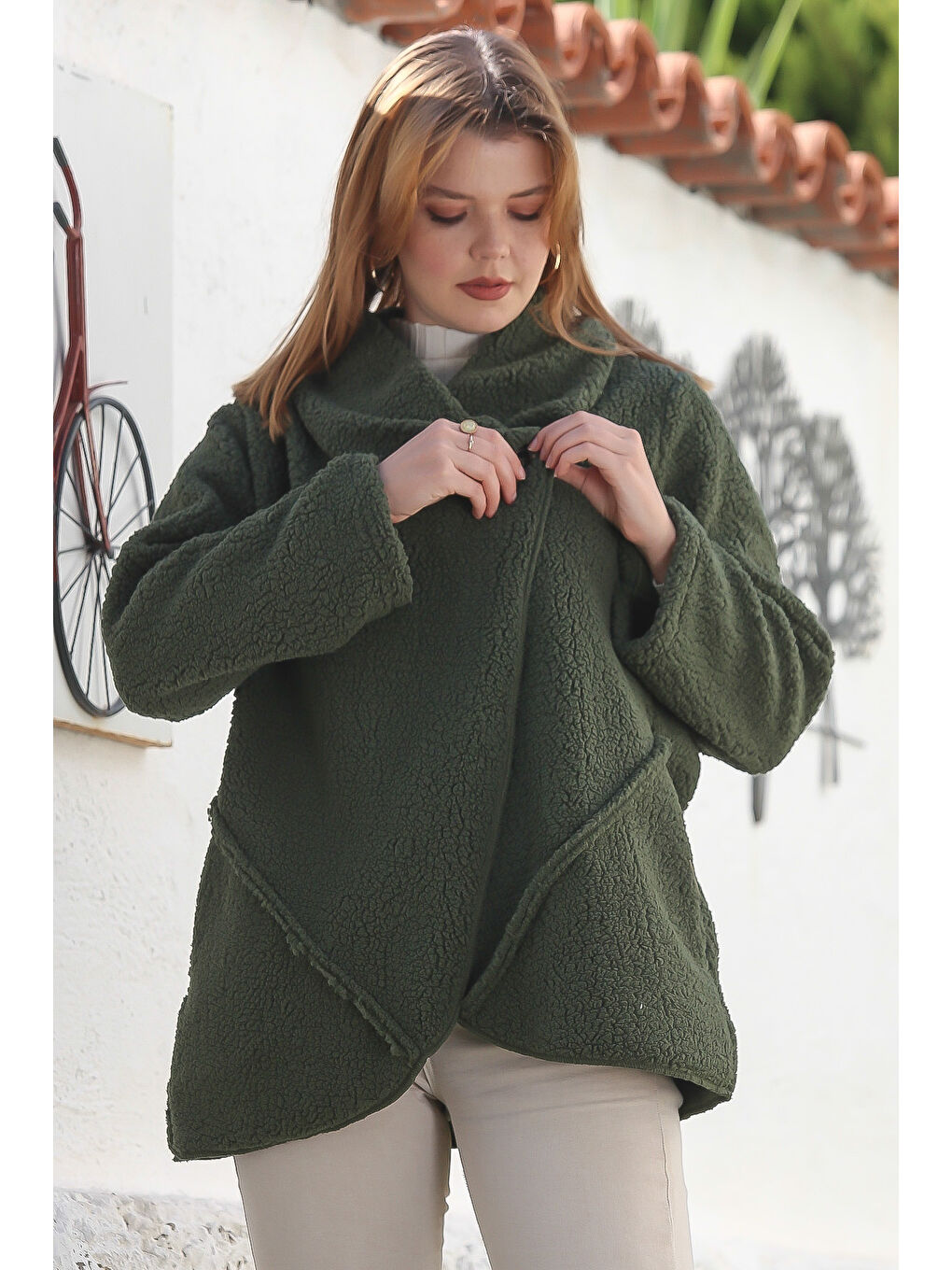 Haki Şal Yaka Uzun Kol Cepli Casual Pelüş Dokuma Ceket 80 65-4