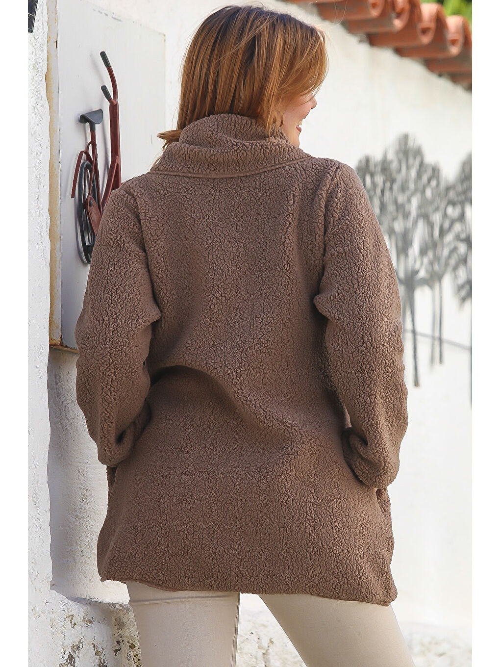 Kahverengi Açık Kahve Şal Yaka Uzun Kol Cepli Casual Pelüş Dokuma Ceket 80 65-1