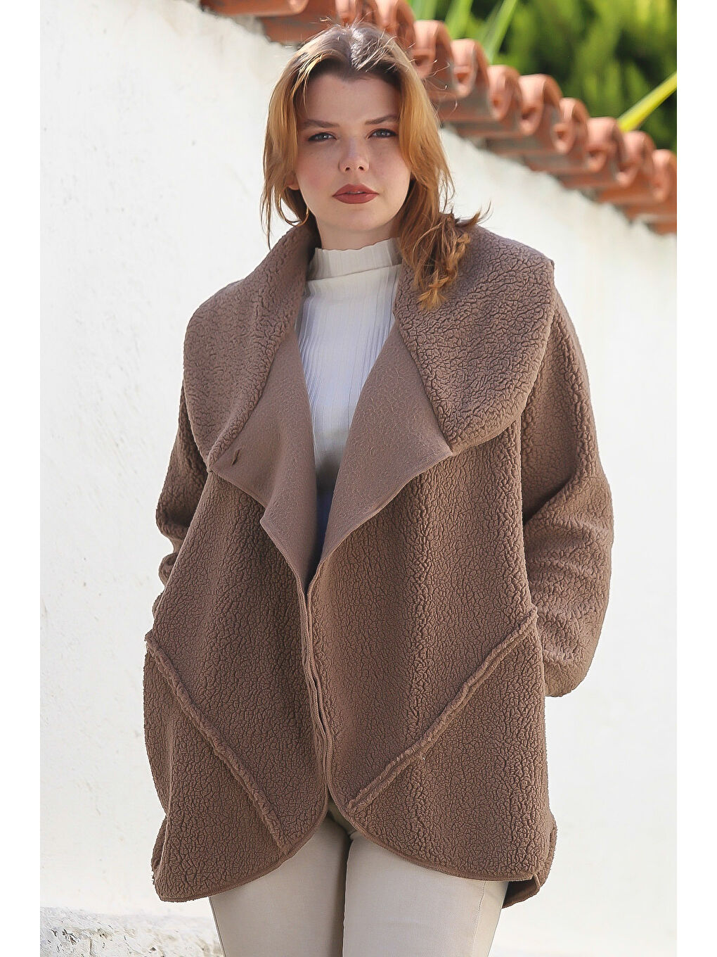 Kahverengi Açık Kahve Şal Yaka Uzun Kol Cepli Casual Pelüş Dokuma Ceket 80 65-2