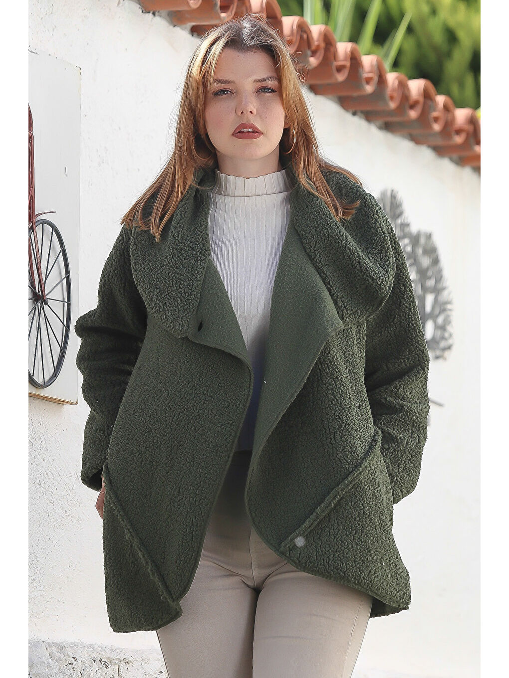 Haki Şal Yaka Uzun Kol Cepli Casual Pelüş Dokuma Ceket 80 65-5