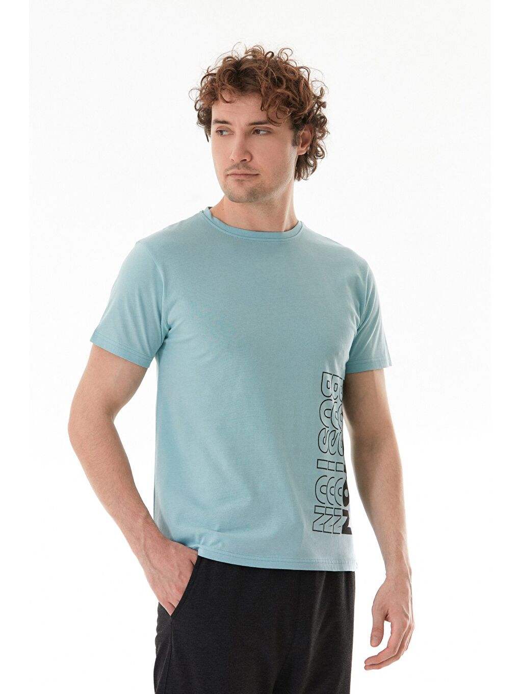 Mavi Boston Yazı Baskılı Bisiklet Yaka Tişört