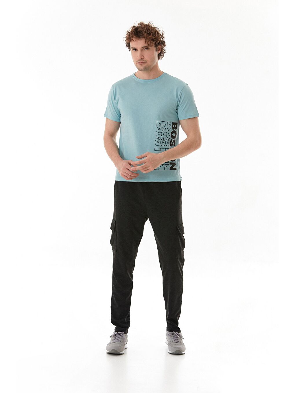 Mavi Boston Yazı Baskılı Bisiklet Yaka Tişört-1