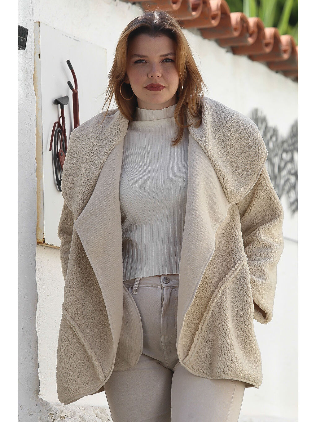 Ekru Krem Şal Yaka Uzun Kol Cepli Casual Pelüş Dokuma Ceket 80 65-6