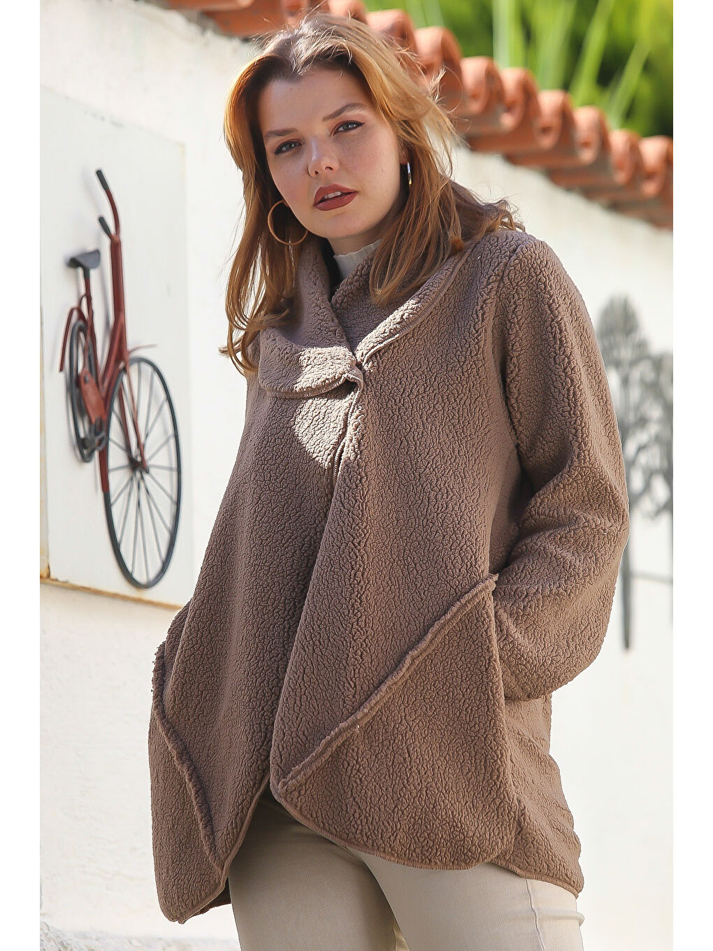 Kahverengi Açık Kahve Şal Yaka Uzun Kol Cepli Casual Pelüş Dokuma Ceket 80 65-4