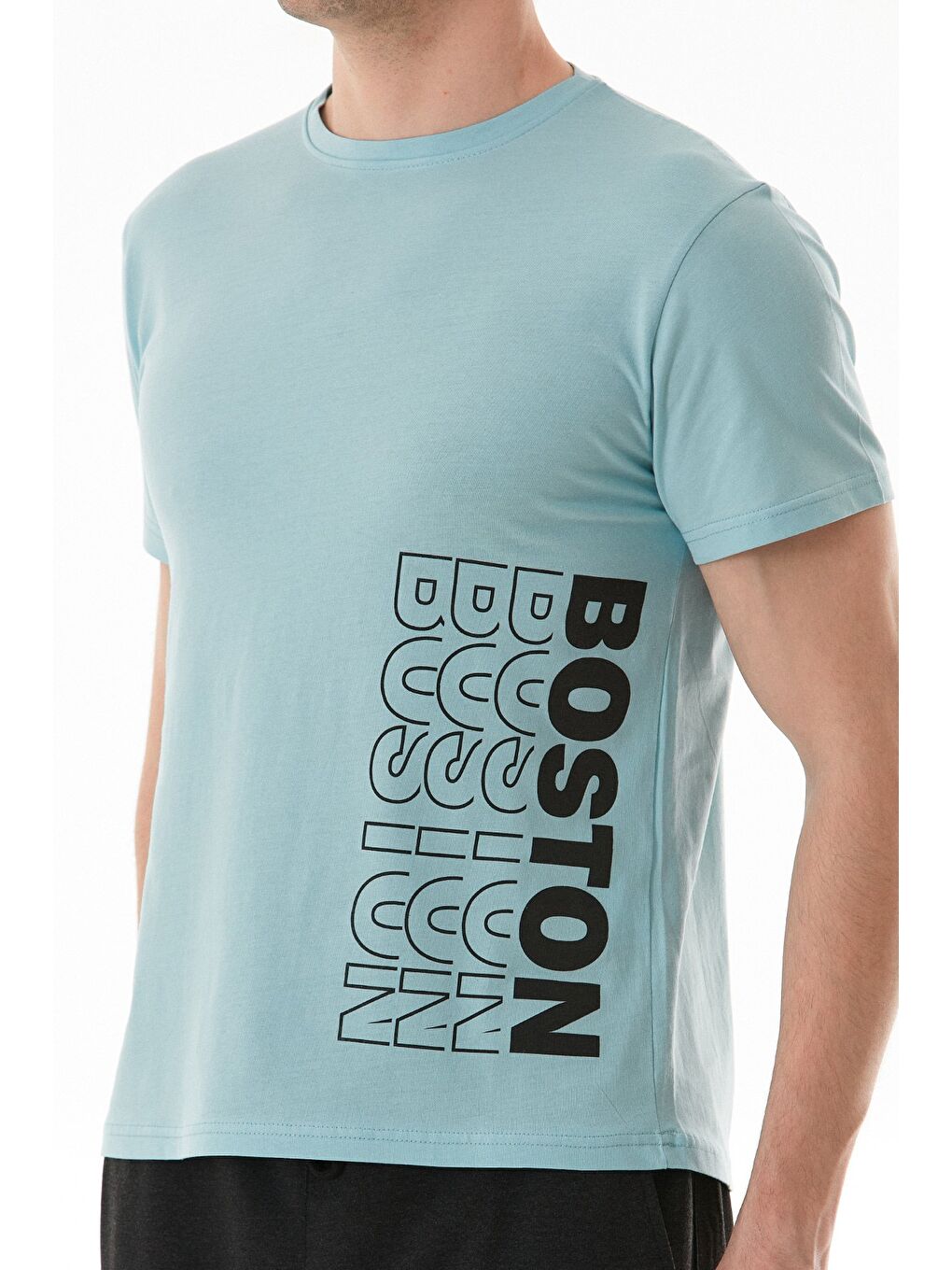 Mavi Boston Yazı Baskılı Bisiklet Yaka Tişört-3