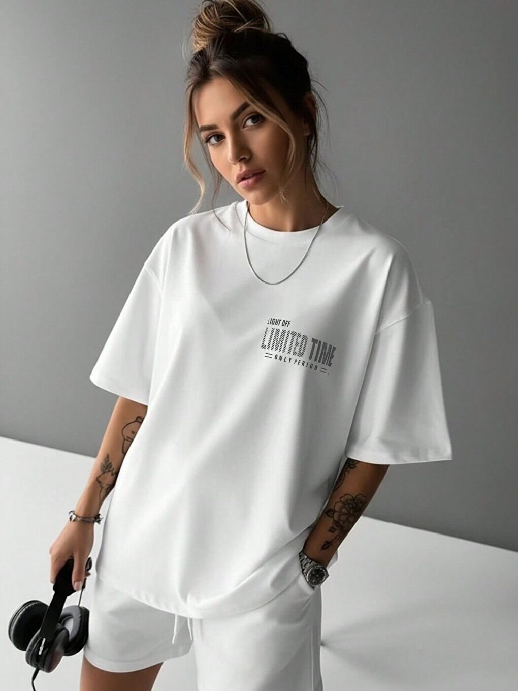 Beyaz Limited Time Baskı %100 Organik Pamuk Relaxed Fit Yuvarlak Yaka Tişört-1