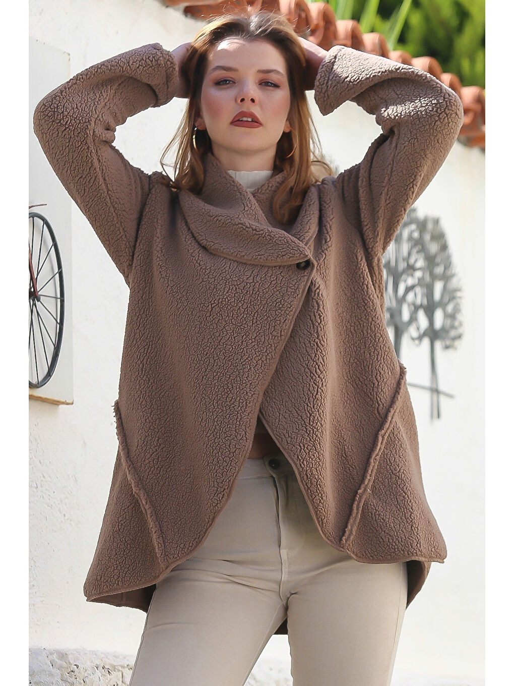 Kahverengi Açık Kahve Şal Yaka Uzun Kol Cepli Casual Pelüş Dokuma Ceket 80 65-5