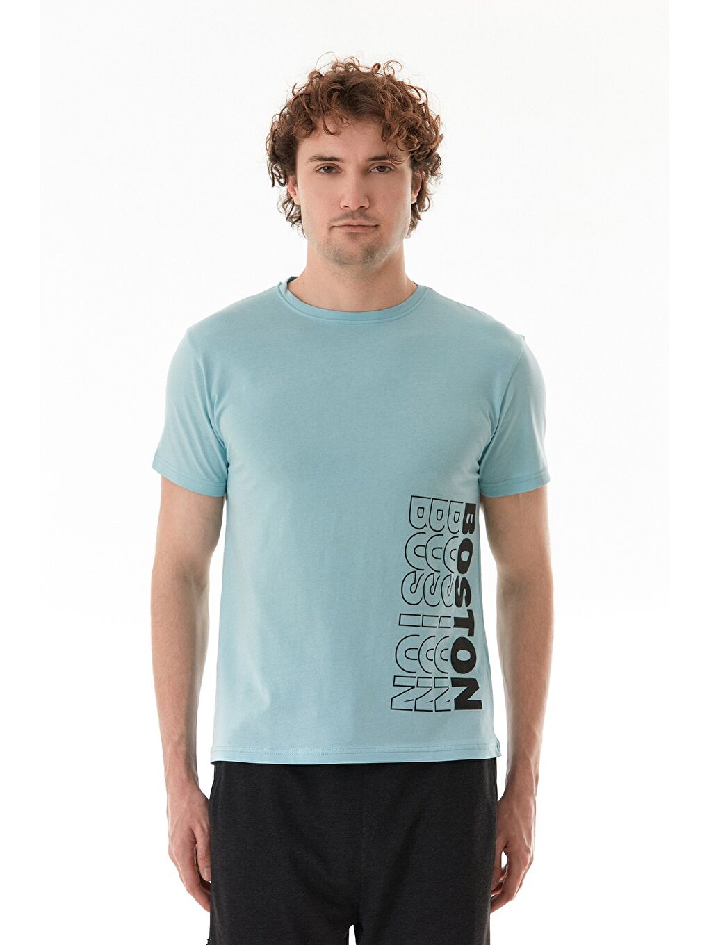 Mavi Boston Yazı Baskılı Bisiklet Yaka Tişört-4