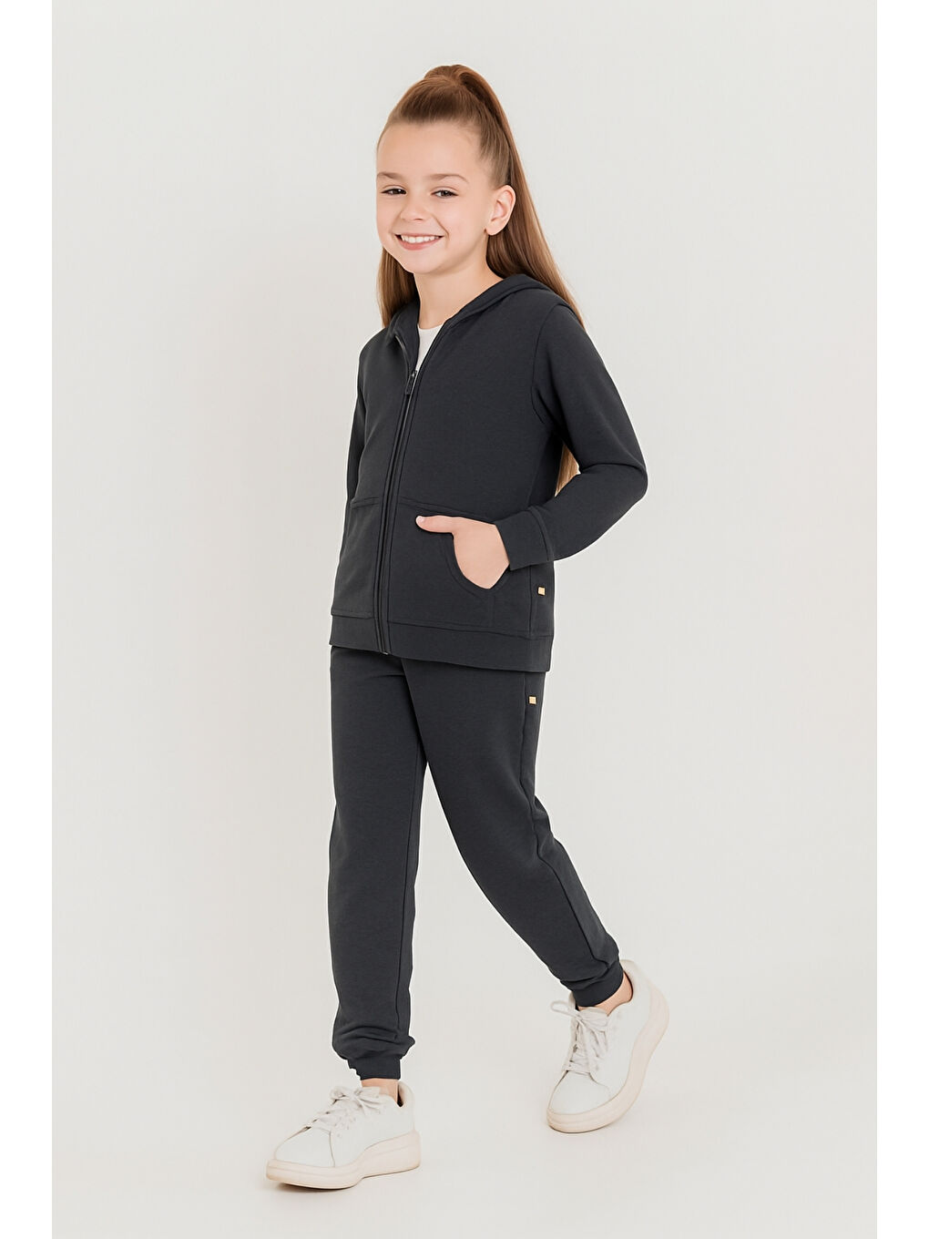 Gri Kız - Erkek Çocuk Basic Fermuarlı Okul Eşofman Takımı Ak0785-2