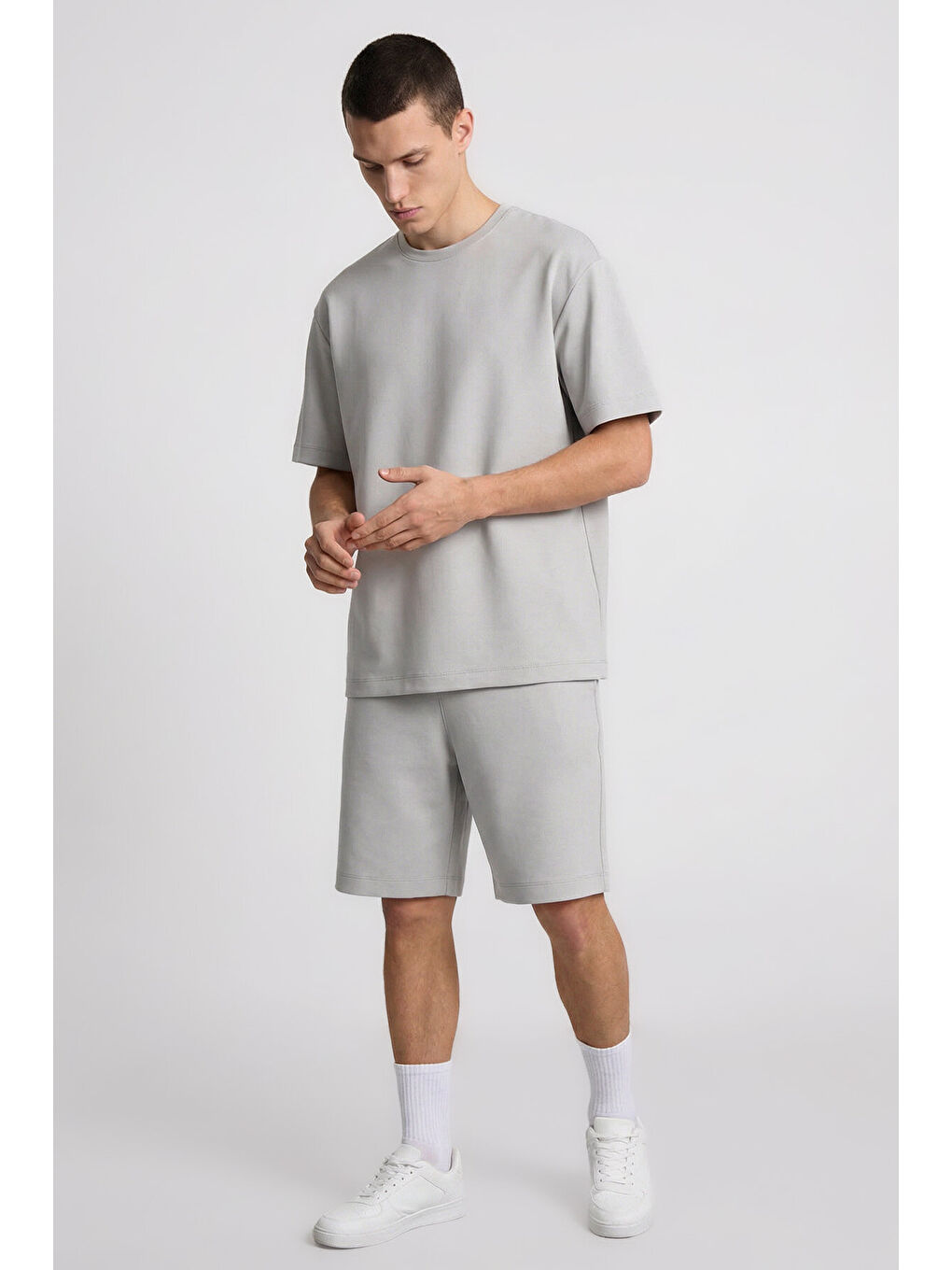 Bej Taş Oversize Fit Basic Erkek Şort Takım - 85292