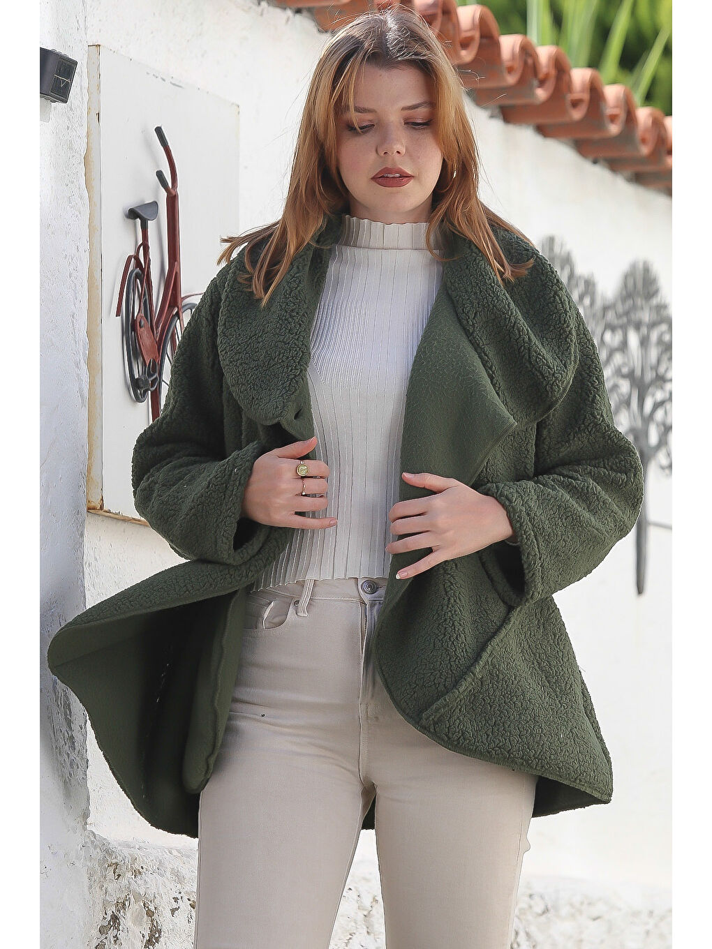 Haki Şal Yaka Uzun Kol Cepli Casual Pelüş Dokuma Ceket 80 65-6