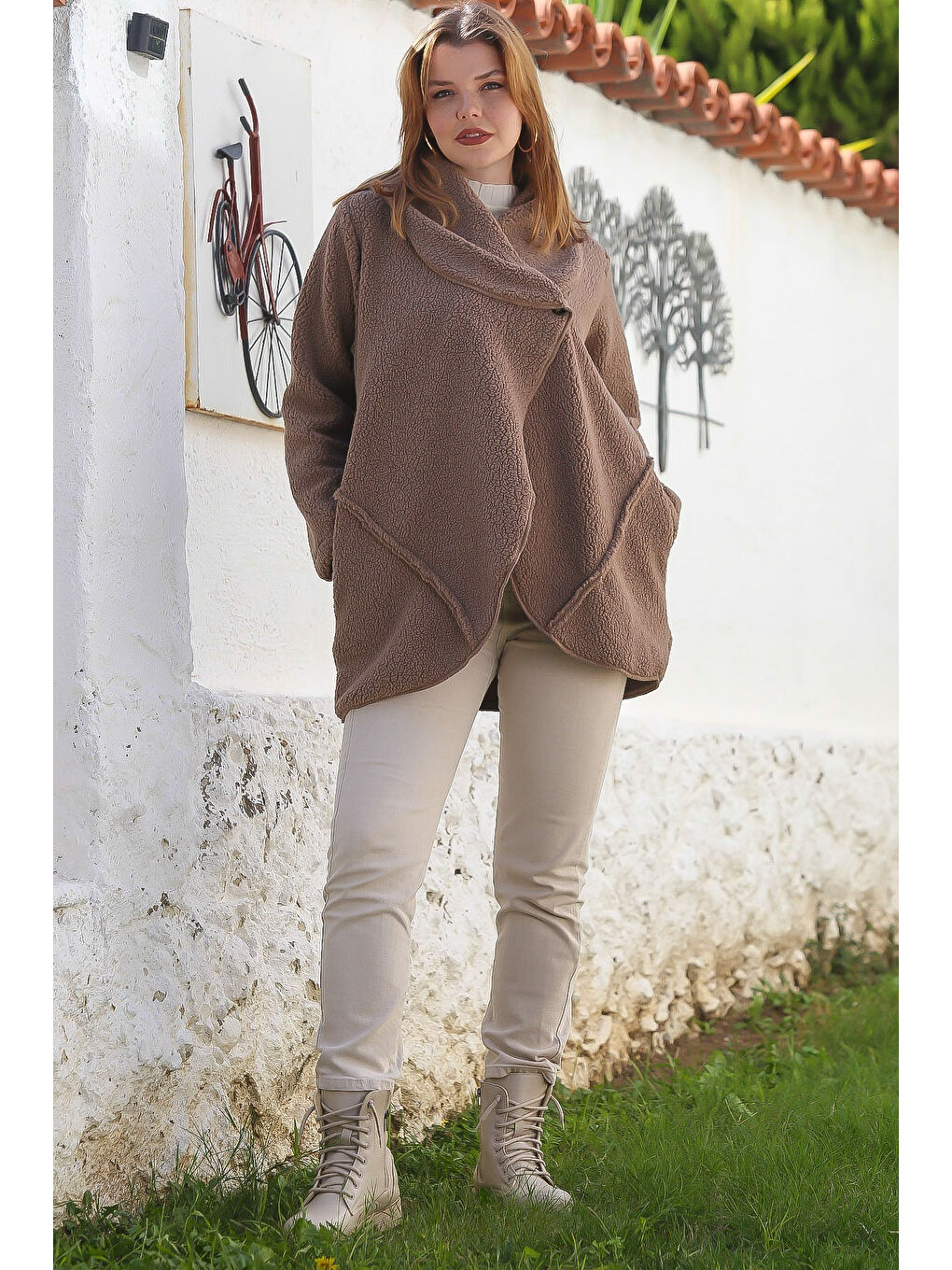 Kahverengi Açık Kahve Şal Yaka Uzun Kol Cepli Casual Pelüş Dokuma Ceket 80 65-6