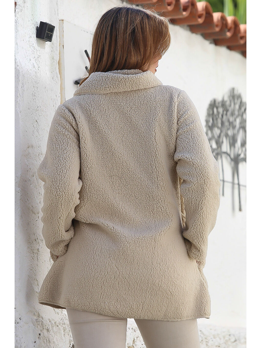 Ekru Krem Şal Yaka Uzun Kol Cepli Casual Pelüş Dokuma Ceket 80 65-7