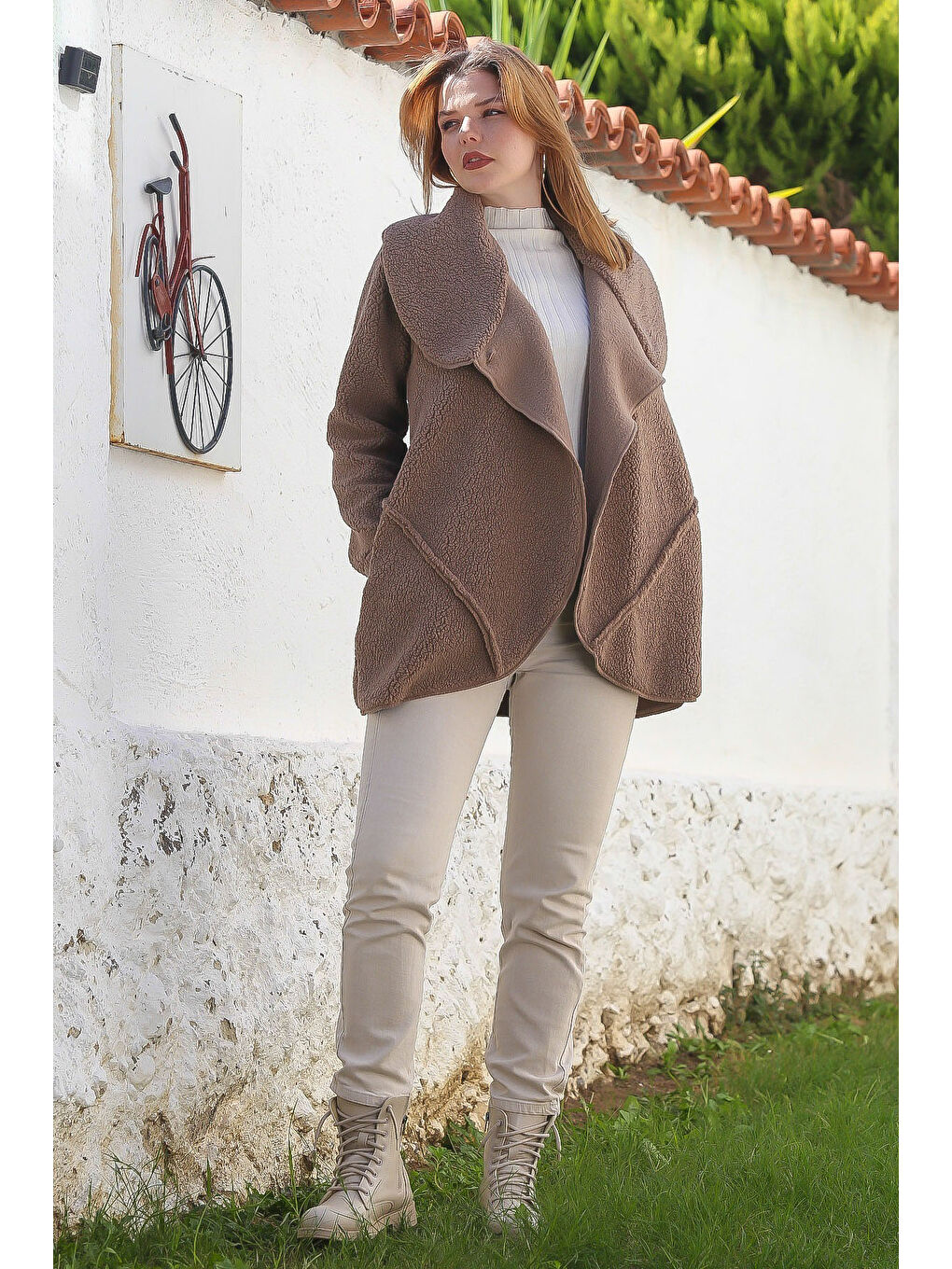 Kahverengi Açık Kahve Şal Yaka Uzun Kol Cepli Casual Pelüş Dokuma Ceket 80 65-7